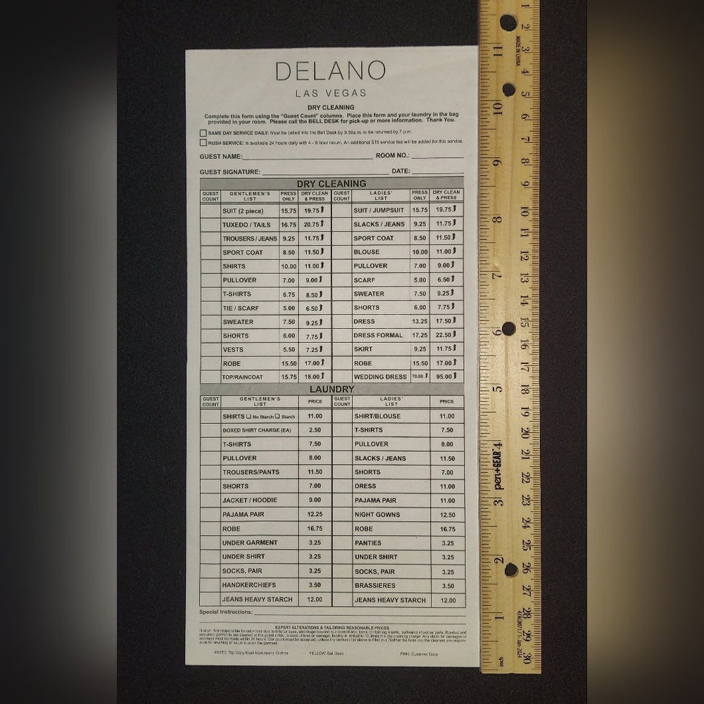Official Delano Casino & Hotel of Las Vegas, Nevada Dry Cleaning Service Prices
